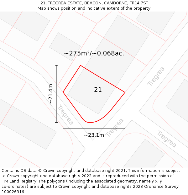 21, TREGREA ESTATE, BEACON, CAMBORNE, TR14 7ST: Plot and title map