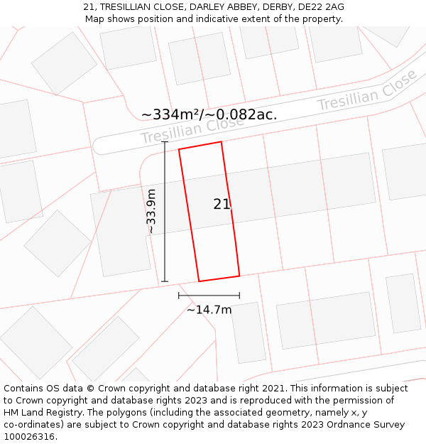 21, TRESILLIAN CLOSE, DARLEY ABBEY, DERBY, DE22 2AG: Plot and title map