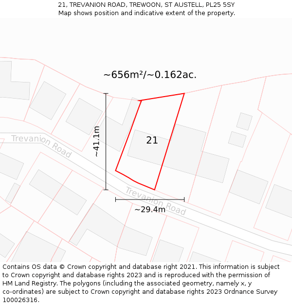 21, TREVANION ROAD, TREWOON, ST AUSTELL, PL25 5SY: Plot and title map