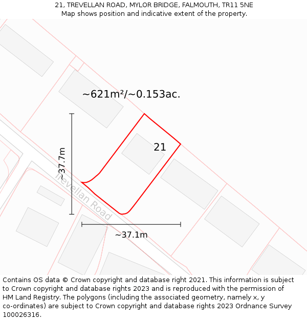 21, TREVELLAN ROAD, MYLOR BRIDGE, FALMOUTH, TR11 5NE: Plot and title map