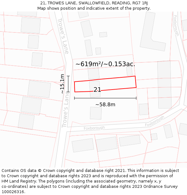 21, TROWES LANE, SWALLOWFIELD, READING, RG7 1RJ: Plot and title map