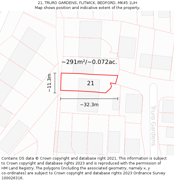 21, TRURO GARDENS, FLITWICK, BEDFORD, MK45 1UH: Plot and title map