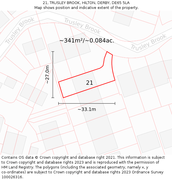 21, TRUSLEY BROOK, HILTON, DERBY, DE65 5LA: Plot and title map