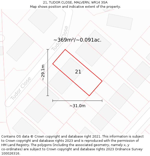 21, TUDOR CLOSE, MALVERN, WR14 3SA: Plot and title map