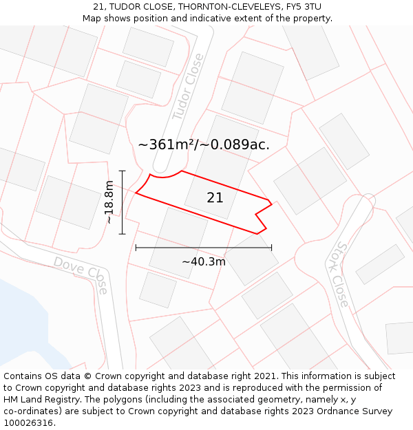 21, TUDOR CLOSE, THORNTON-CLEVELEYS, FY5 3TU: Plot and title map