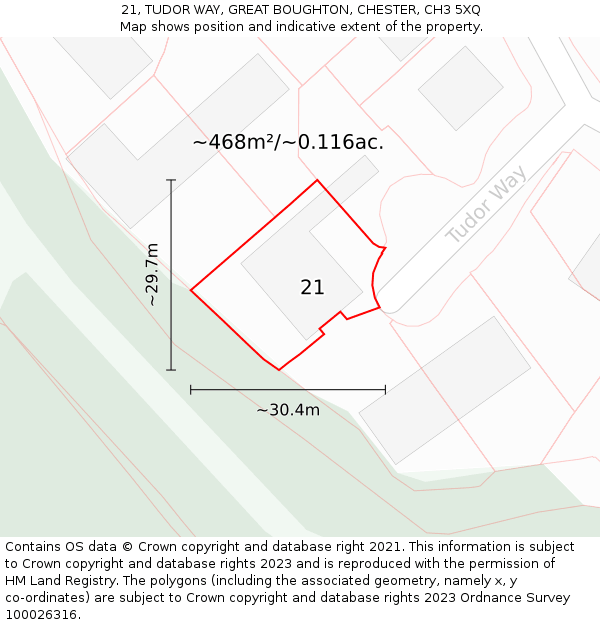 21, TUDOR WAY, GREAT BOUGHTON, CHESTER, CH3 5XQ: Plot and title map