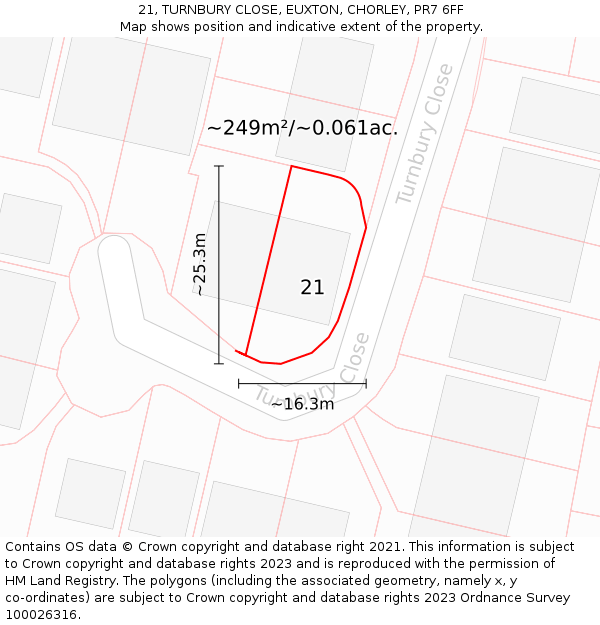21, TURNBURY CLOSE, EUXTON, CHORLEY, PR7 6FF: Plot and title map