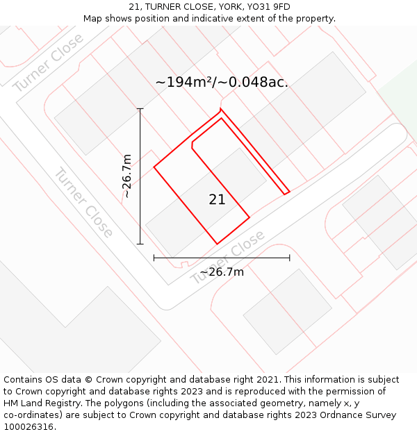 21, TURNER CLOSE, YORK, YO31 9FD: Plot and title map