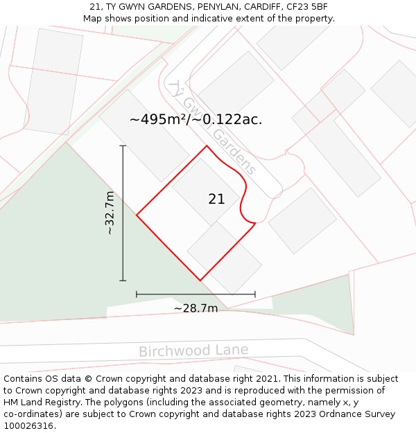 21, TY GWYN GARDENS, PENYLAN, CARDIFF, CF23 5BF: Plot and title map
