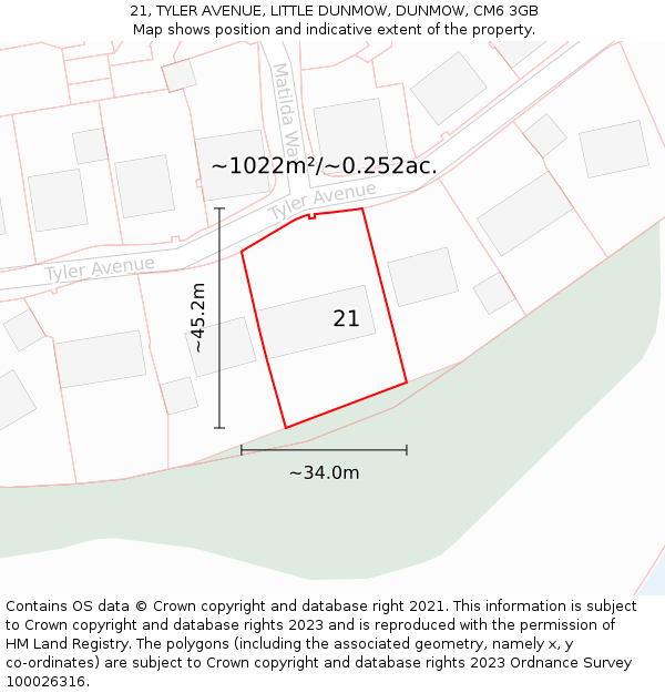 21, TYLER AVENUE, LITTLE DUNMOW, DUNMOW, CM6 3GB: Plot and title map