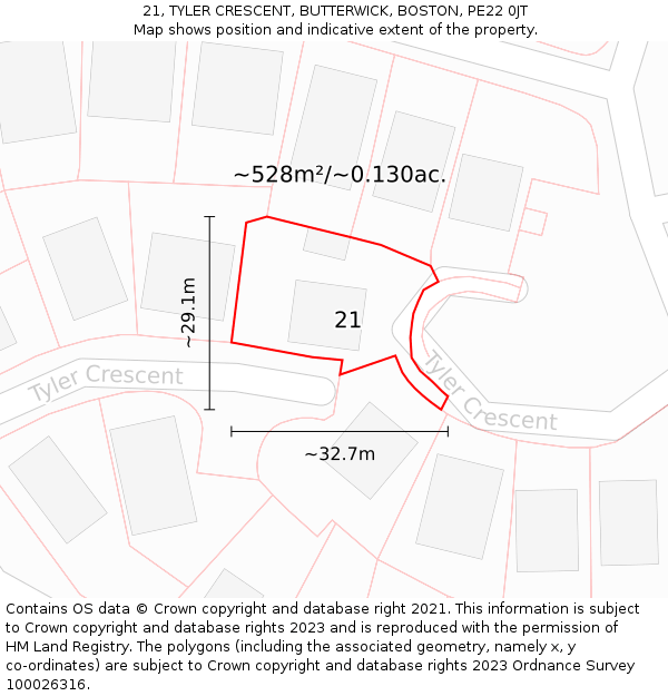 21, TYLER CRESCENT, BUTTERWICK, BOSTON, PE22 0JT: Plot and title map