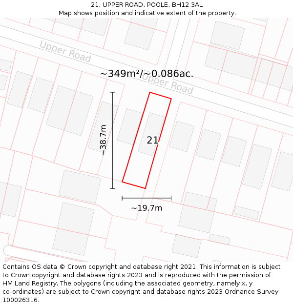 21, UPPER ROAD, POOLE, BH12 3AL: Plot and title map