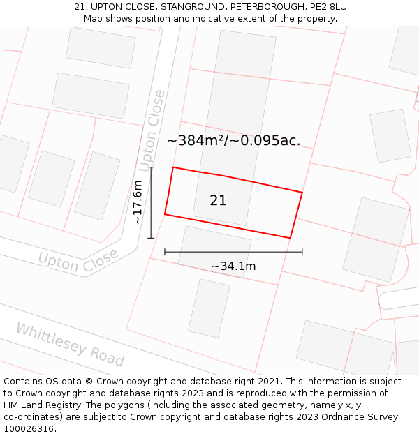 21, UPTON CLOSE, STANGROUND, PETERBOROUGH, PE2 8LU: Plot and title map