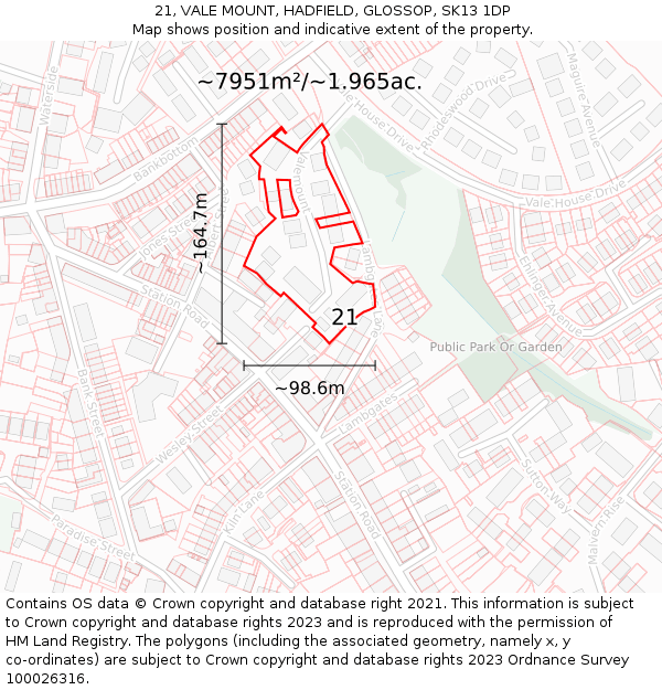 21, VALE MOUNT, HADFIELD, GLOSSOP, SK13 1DP: Plot and title map