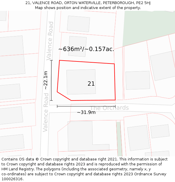 21, VALENCE ROAD, ORTON WATERVILLE, PETERBOROUGH, PE2 5HJ: Plot and title map