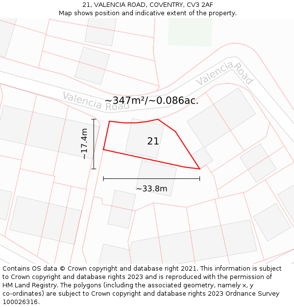 21, VALENCIA ROAD, COVENTRY, CV3 2AF: Plot and title map
