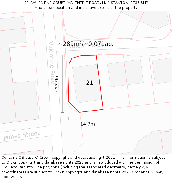 21, VALENTINE COURT, VALENTINE ROAD, HUNSTANTON, PE36 5NP: Plot and title map