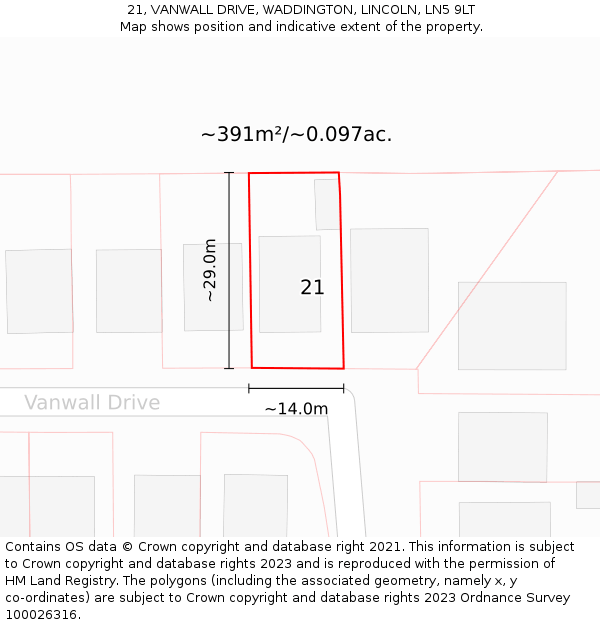 21, VANWALL DRIVE, WADDINGTON, LINCOLN, LN5 9LT: Plot and title map