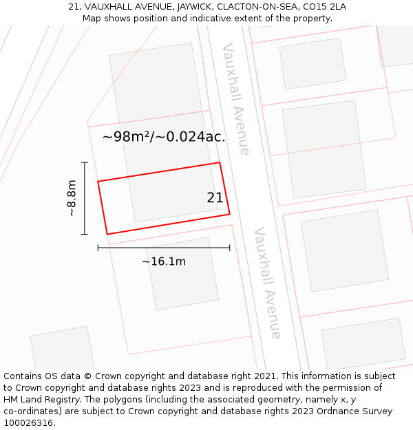 21, VAUXHALL AVENUE, JAYWICK, CLACTON-ON-SEA, CO15 2LA: Plot and title map