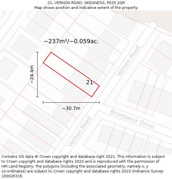 21, VERNON ROAD, SKEGNESS, PE25 2QR: Plot and title map