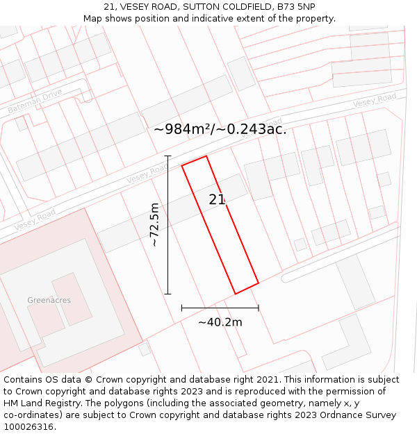 21, VESEY ROAD, SUTTON COLDFIELD, B73 5NP: Plot and title map