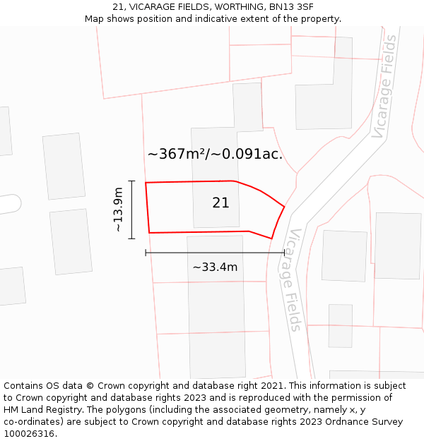 21, VICARAGE FIELDS, WORTHING, BN13 3SF: Plot and title map