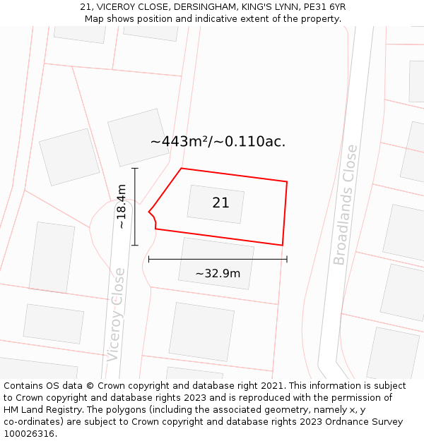 21, VICEROY CLOSE, DERSINGHAM, KING'S LYNN, PE31 6YR: Plot and title map