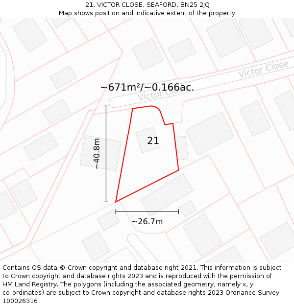 21, VICTOR CLOSE, SEAFORD, BN25 2JQ: Plot and title map
