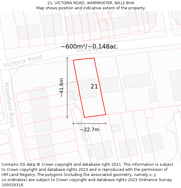 21, VICTORIA ROAD, WARMINSTER, BA12 8HA: Plot and title map