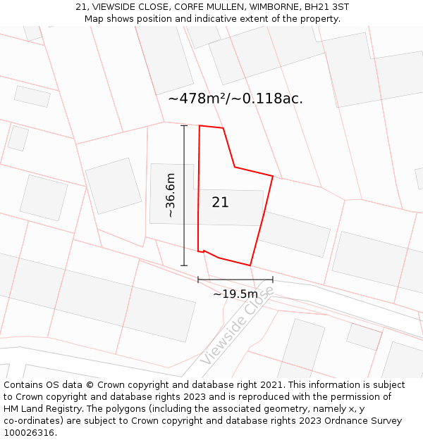 21, VIEWSIDE CLOSE, CORFE MULLEN, WIMBORNE, BH21 3ST: Plot and title map