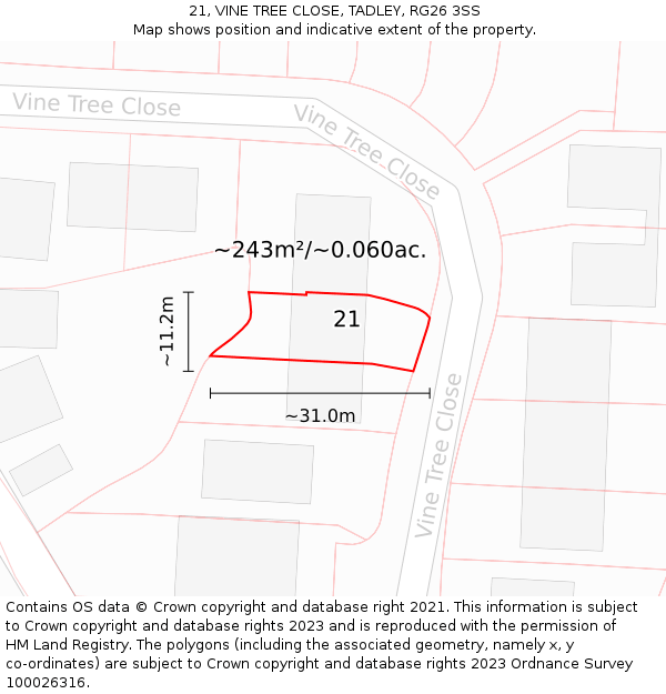 21, VINE TREE CLOSE, TADLEY, RG26 3SS: Plot and title map