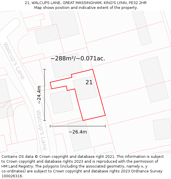 21, WALCUPS LANE, GREAT MASSINGHAM, KING'S LYNN, PE32 2HR: Plot and title map