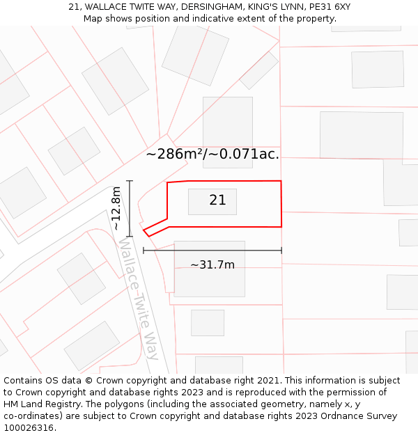 21, WALLACE TWITE WAY, DERSINGHAM, KING'S LYNN, PE31 6XY: Plot and title map