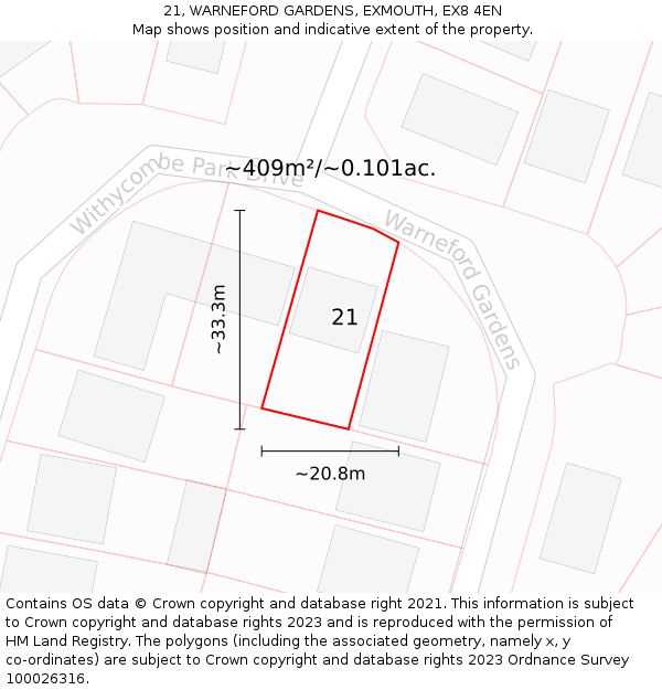 21, WARNEFORD GARDENS, EXMOUTH, EX8 4EN: Plot and title map
