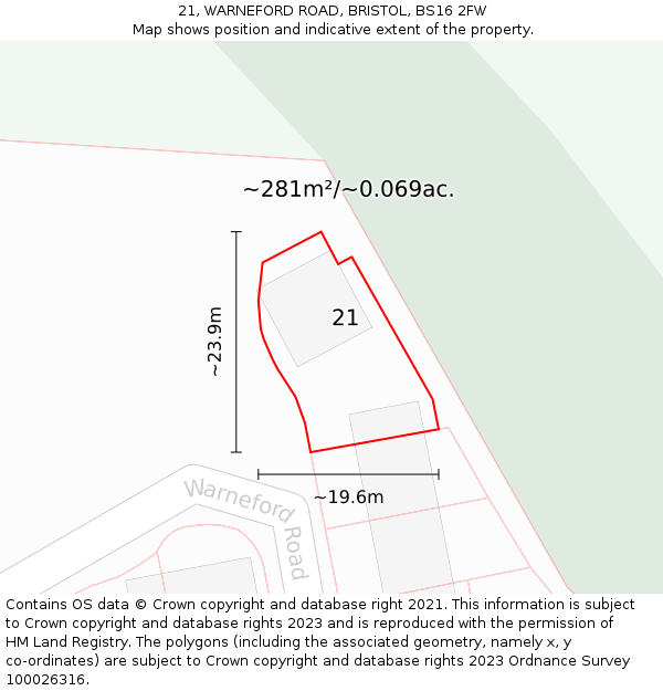21, WARNEFORD ROAD, BRISTOL, BS16 2FW: Plot and title map