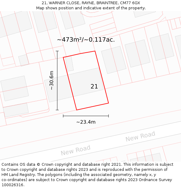 21, WARNER CLOSE, RAYNE, BRAINTREE, CM77 6GX: Plot and title map