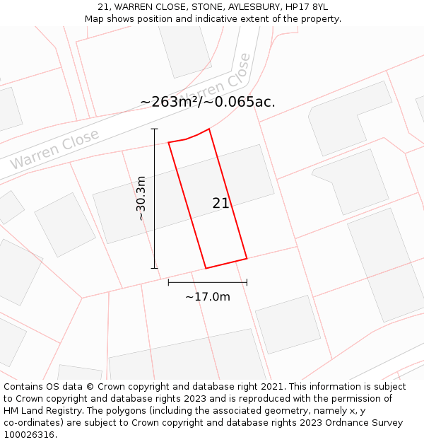 21, WARREN CLOSE, STONE, AYLESBURY, HP17 8YL: Plot and title map