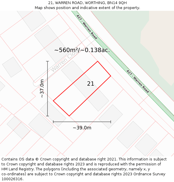 21, WARREN ROAD, WORTHING, BN14 9QH: Plot and title map