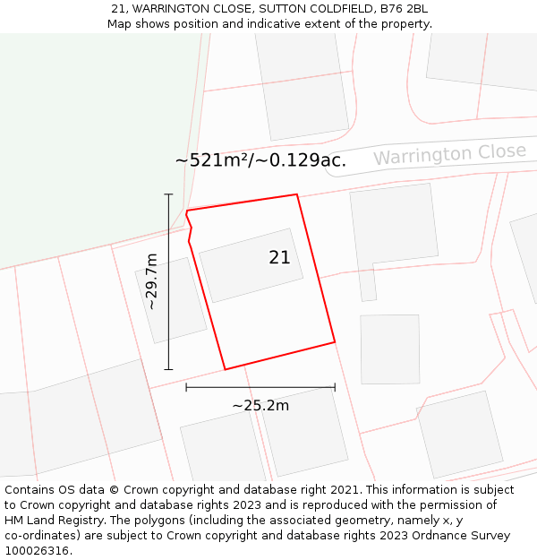21, WARRINGTON CLOSE, SUTTON COLDFIELD, B76 2BL: Plot and title map