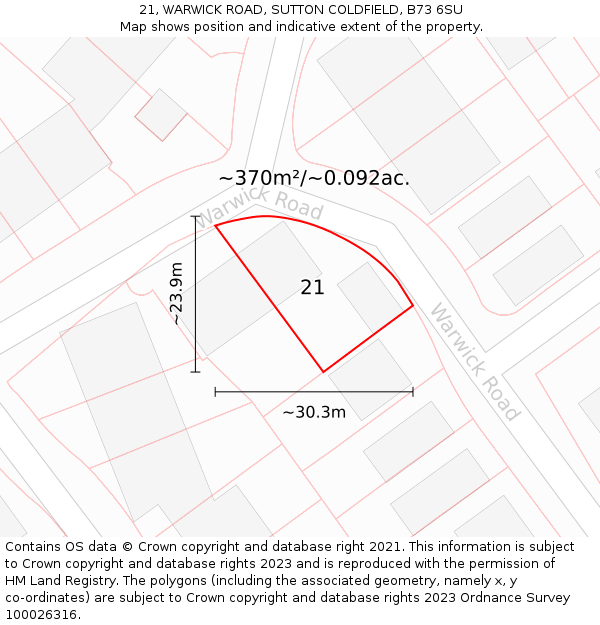 21, WARWICK ROAD, SUTTON COLDFIELD, B73 6SU: Plot and title map
