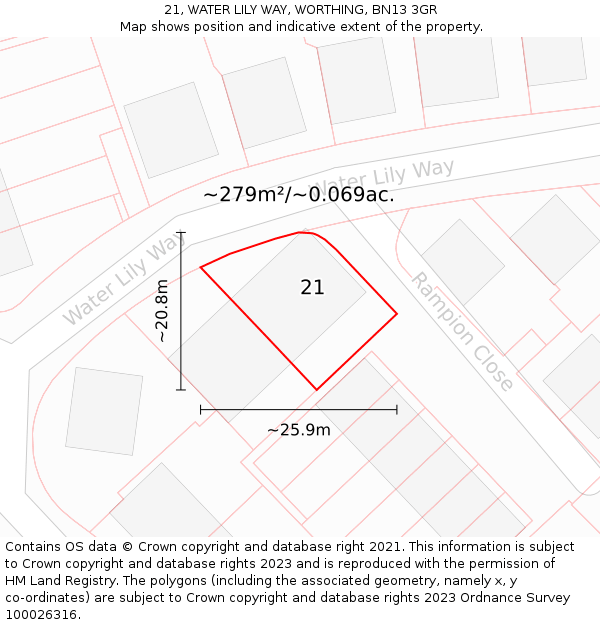 21, WATER LILY WAY, WORTHING, BN13 3GR: Plot and title map