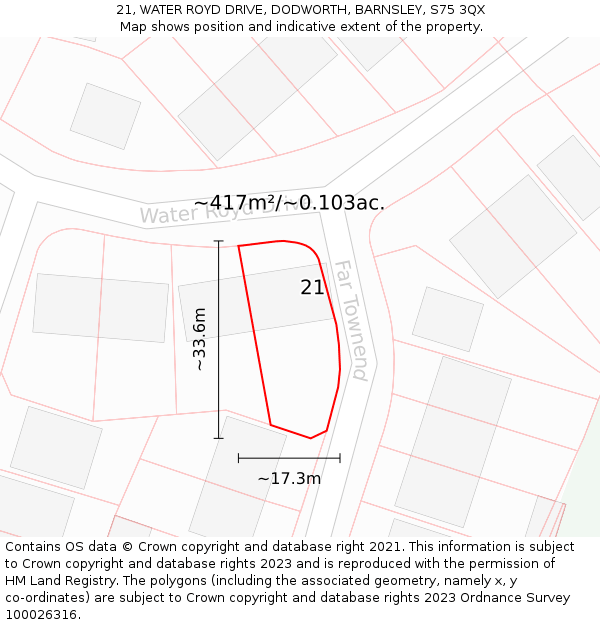 21, WATER ROYD DRIVE, DODWORTH, BARNSLEY, S75 3QX: Plot and title map