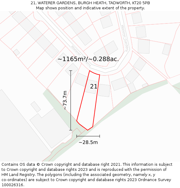 21, WATERER GARDENS, BURGH HEATH, TADWORTH, KT20 5PB: Plot and title map