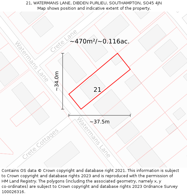 21, WATERMANS LANE, DIBDEN PURLIEU, SOUTHAMPTON, SO45 4JN: Plot and title map