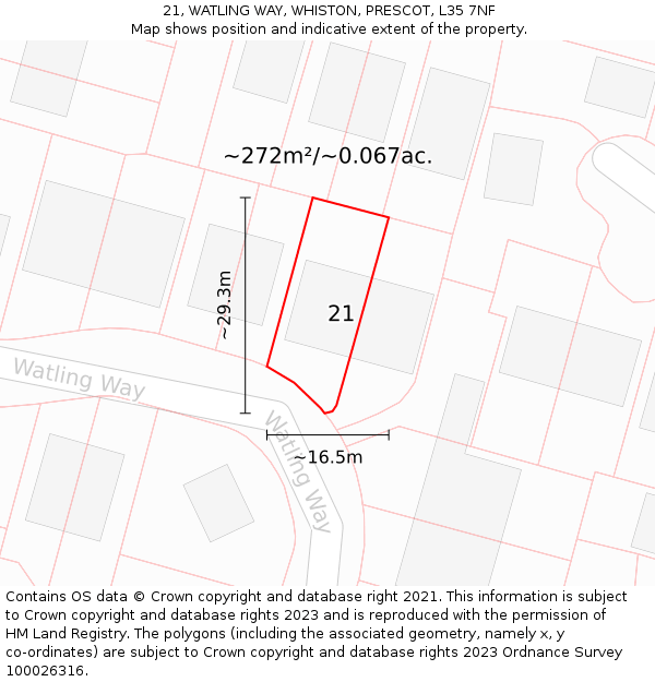 21, WATLING WAY, WHISTON, PRESCOT, L35 7NF: Plot and title map