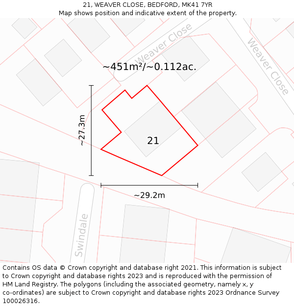 21, WEAVER CLOSE, BEDFORD, MK41 7YR: Plot and title map