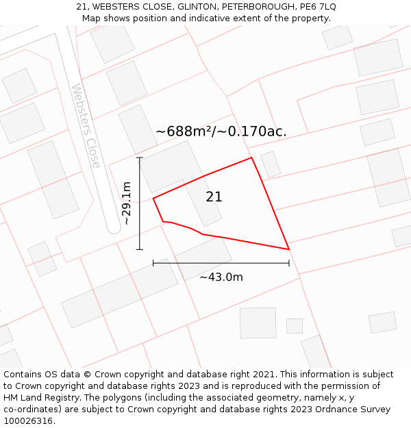 21, WEBSTERS CLOSE, GLINTON, PETERBOROUGH, PE6 7LQ: Plot and title map