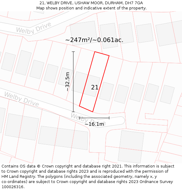 21, WELBY DRIVE, USHAW MOOR, DURHAM, DH7 7GA: Plot and title map