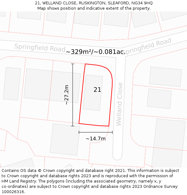 21, WELLAND CLOSE, RUSKINGTON, SLEAFORD, NG34 9HQ: Plot and title map