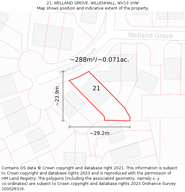 21, WELLAND GROVE, WILLENHALL, WV13 1HW: Plot and title map